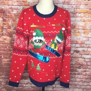Holiday Time Red and White Skiing Elf Crewneck Ugly Christmas Sweater